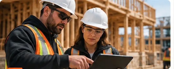 Construction supervisors reviewing project details on a tablet at a framing site