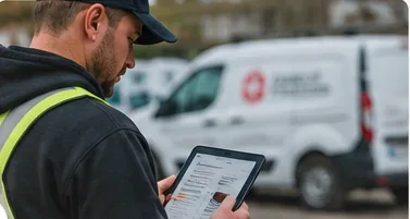 Field technician reviewing a tablet in front of a service van