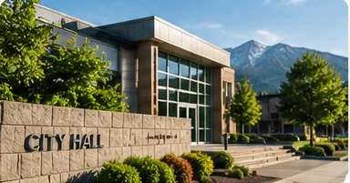 A municipal city hall building with mountain backdrop