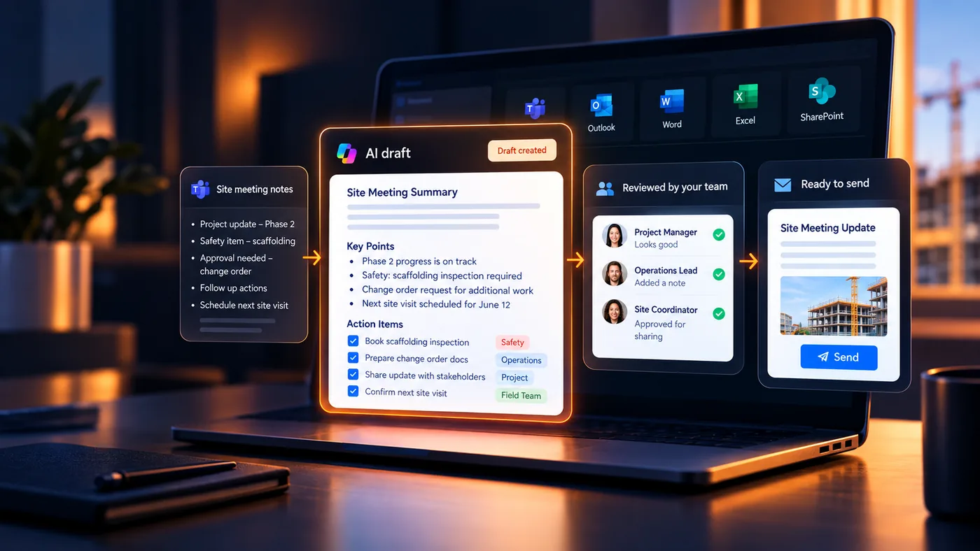 Laptop showing an AI-drafted site meeting summary moving from raw meeting notes through an AI draft, team review, and ready-to-send update across Microsoft Teams, Outlook, Word, Excel and SharePoint
