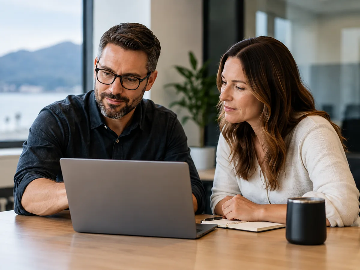 Two colleagues reviewing work together on a laptop in an office overlooking the water