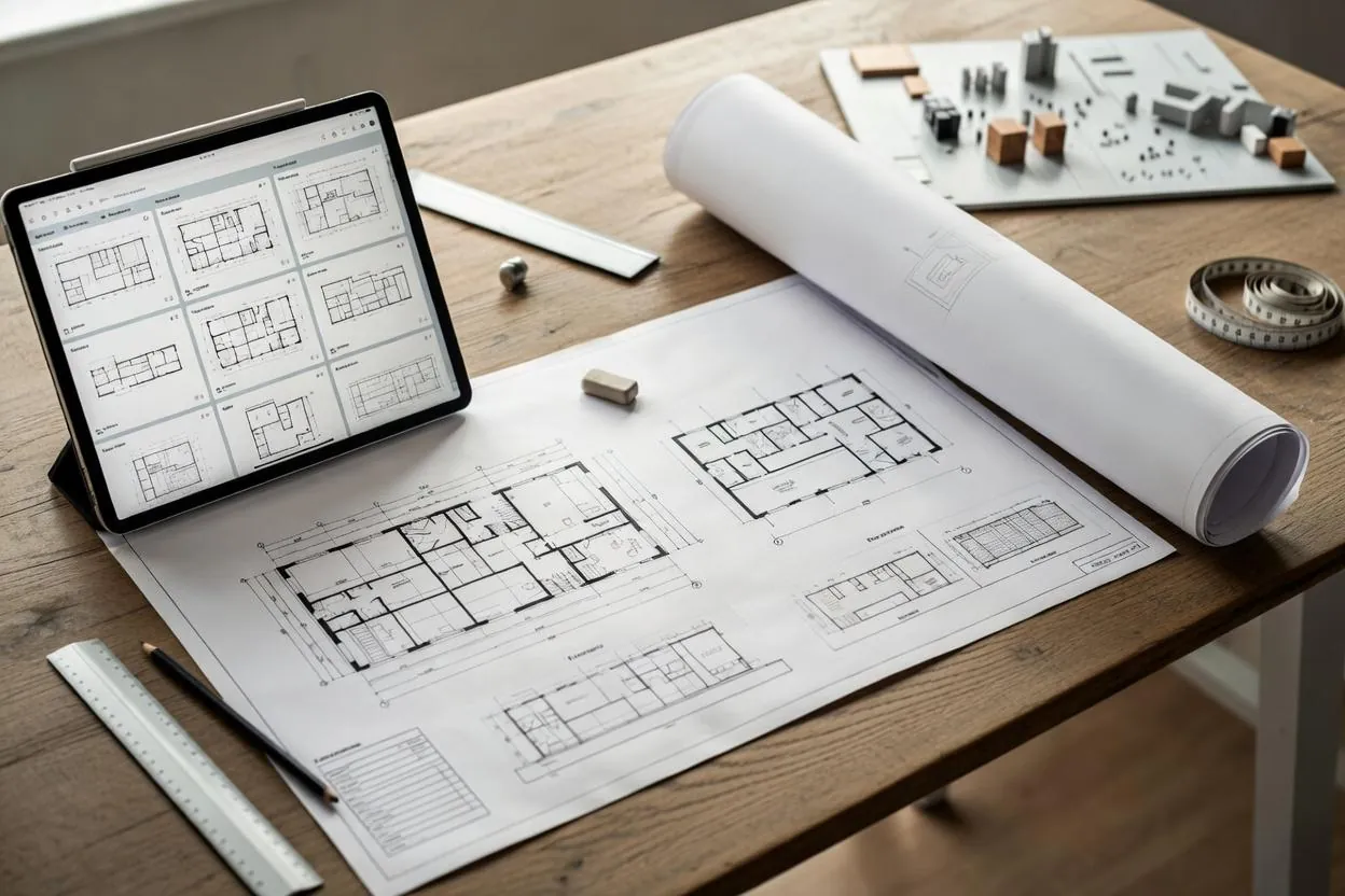 Construction drawings displayed on paper and a tablet.