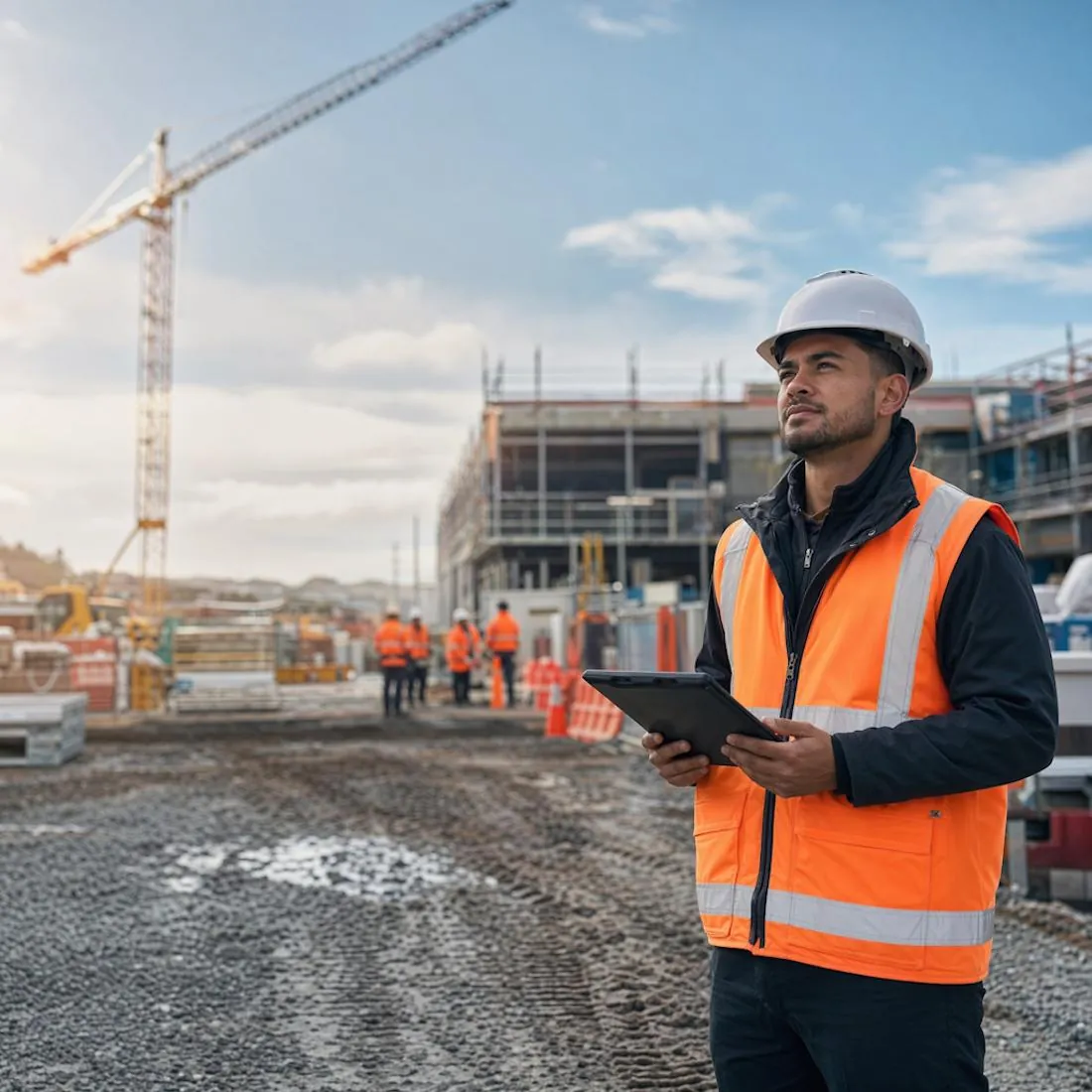 Construction supervisor holding a tablet at a construction site