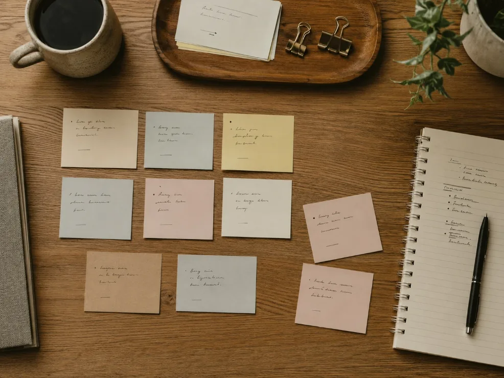 Sticky notes representing different software tools being sorted and consolidated on a desk.