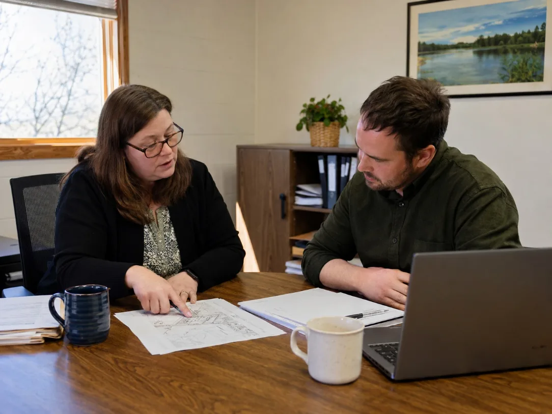 Two municipal staff members reviewing a workflow together in a local government office.